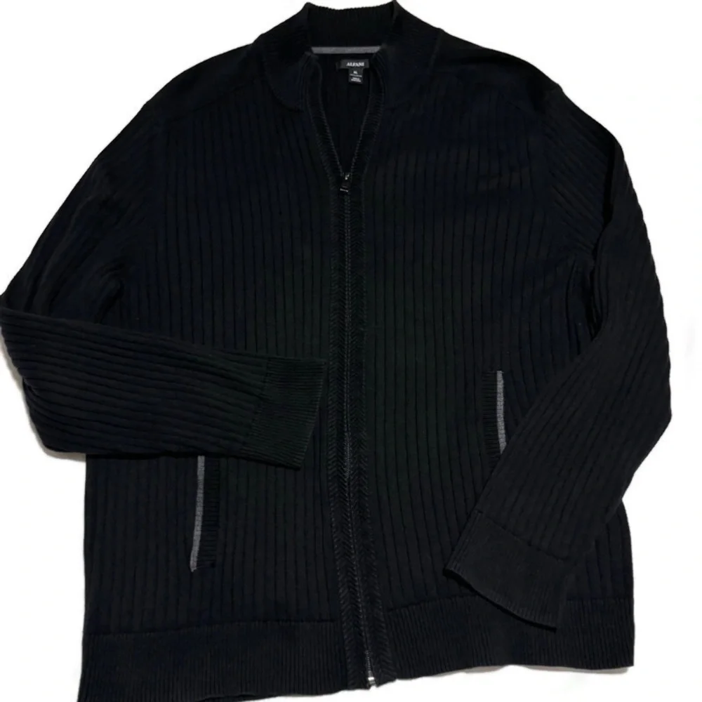 ALFANI RIBBED FULL ZIP BLACK COTTON MEN’S CARDIGAN SWEATER